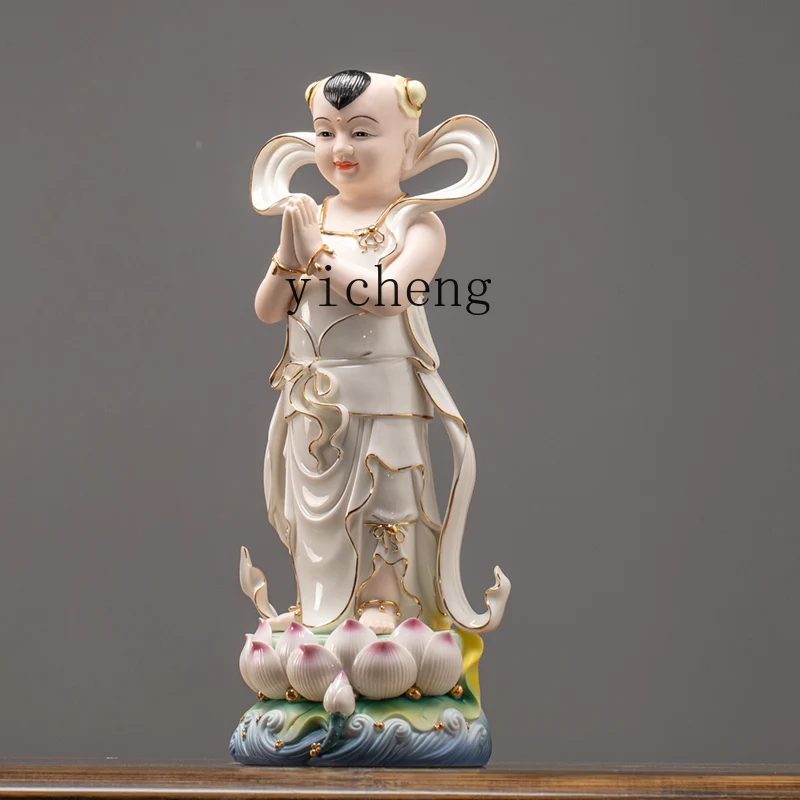 FJ-17  Ceramic Wealth God Boy and Dragon Girl Figurine Golden Boy Jade Girl Buddha Statue for Worship and Home Use