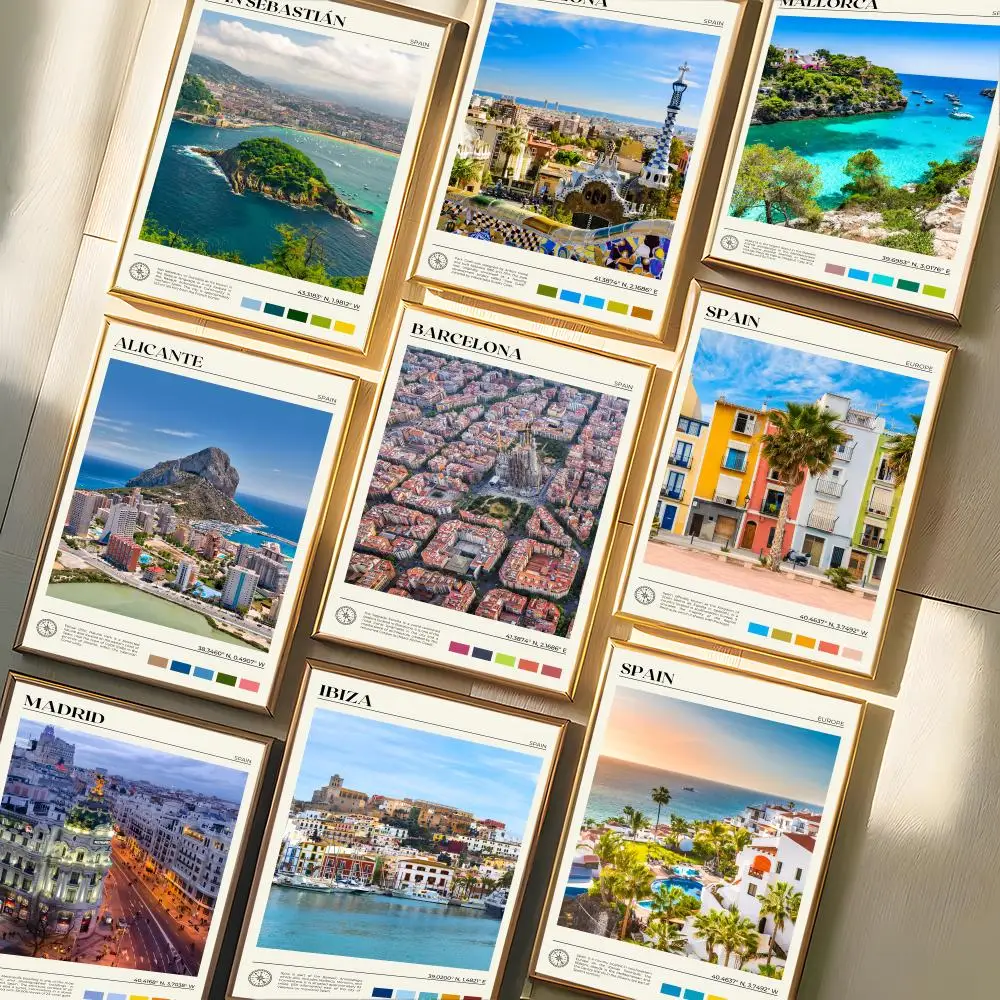 Póster de paisaje de viaje de España, Sevilla, Mallorca, Madrid, Alicante, pegatina para sala de estar, dormitorio, decoración del hogar, pintura Mural, decoración