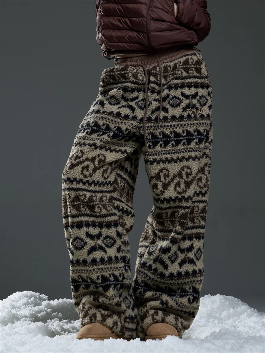 

Американские ретро-брюки из бархата с узором Fair Isle, широкие, женские, осенне-зимние, свободные, утепленные, повседневные брюки