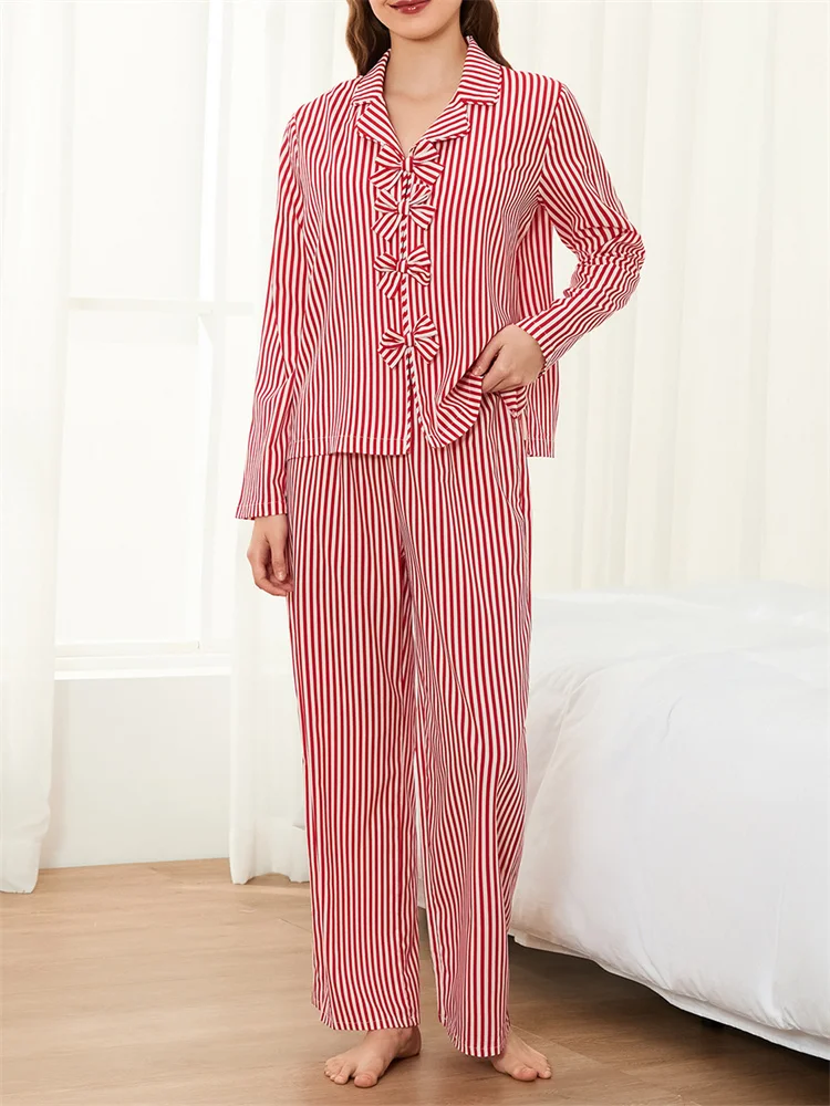 

CHRONSTYLE Women Striped 2 Pieces Pajama Sets Bow Long Sleeve Shirts Tops and Elastic Waist Long Pants for Lounge Sleepwear 2025