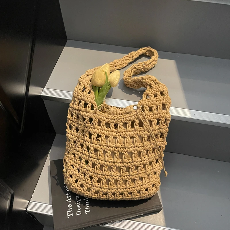

Yarn Spring Solid Color Casual Shoulder Bags Large Capacity Commute Ladies Bags 2025 High Quality Hollow Out Women's Handbags