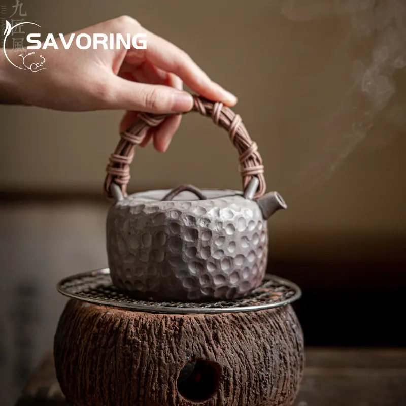 Large-capacity Rattan-woven Rough Pottery Teapot Japanese-style Handmade Retro Warm Teapot Household Health Lifting Beam Pot