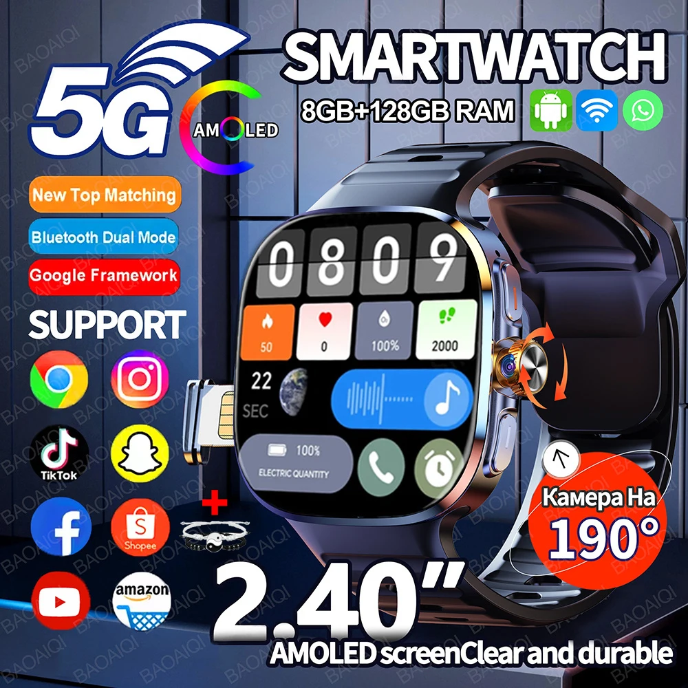 

5G Полная сеть 4G Смарт-часы 2,40 дюйма 720*720 Большой экран HD Видеозвонок 8 ГБ + 128 ГБ ОЗУ Google Play WIFI GPS Sim-карта Smartwatch