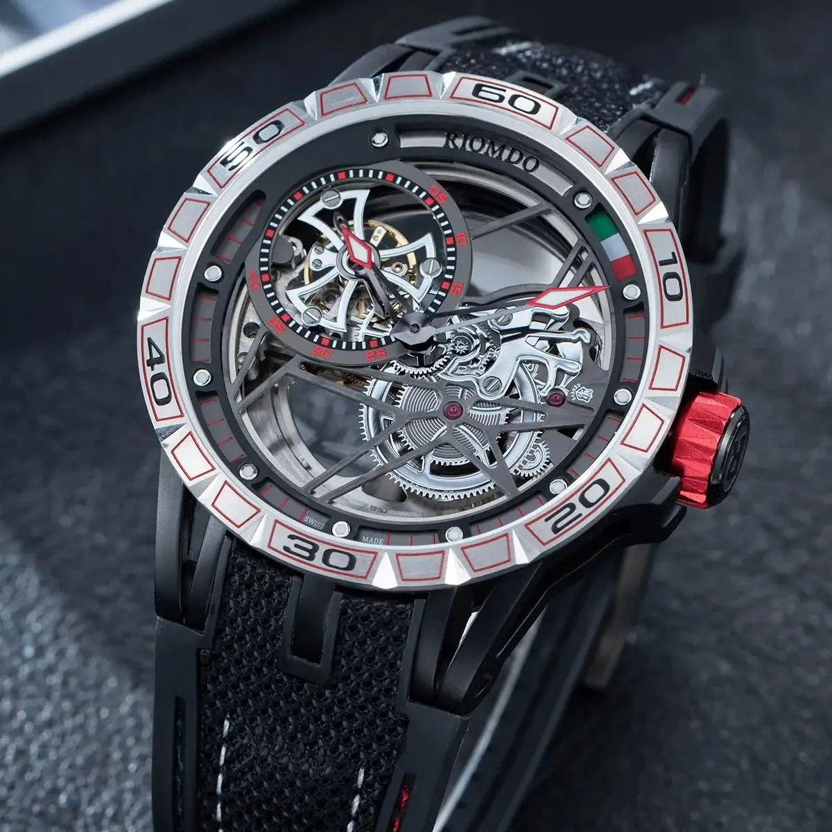 

Мужские автоматические часы OBLVLO, 46 мм, механические наручные часы, светящийся циферблат-скелетон с инерционным механизмом, водонепроницаемость 50 м, резиновый ремешок, стекло Hardlex