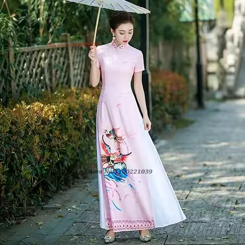 2026 vietnam aodai dress traditional chinese improved qipao national phoenix print cheongsam dress banquet evening dress qipao