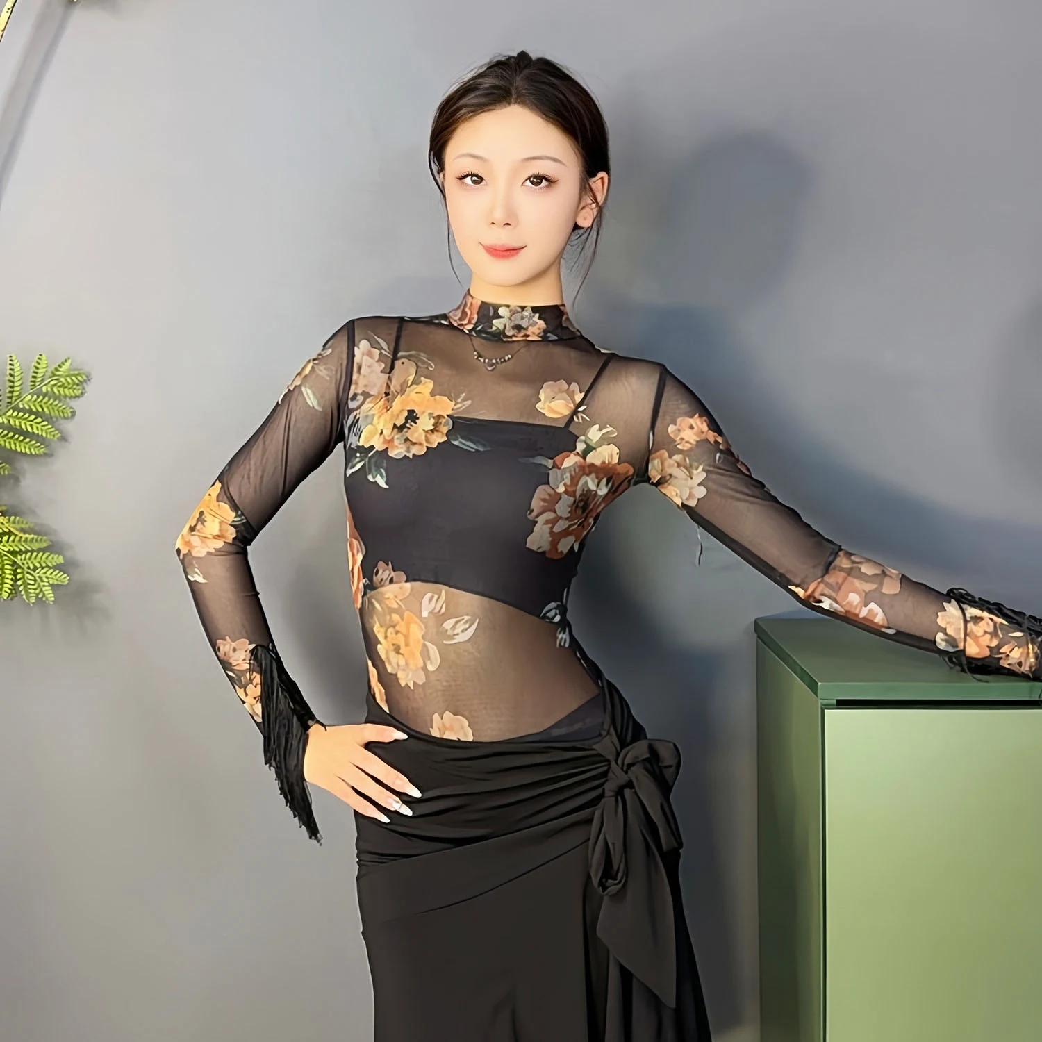 Nappa maniche lunghe maglia top da ballo latino abbigliamento da prestazione per donna rumba samba costume da ballo da sala pratica usura BL16775