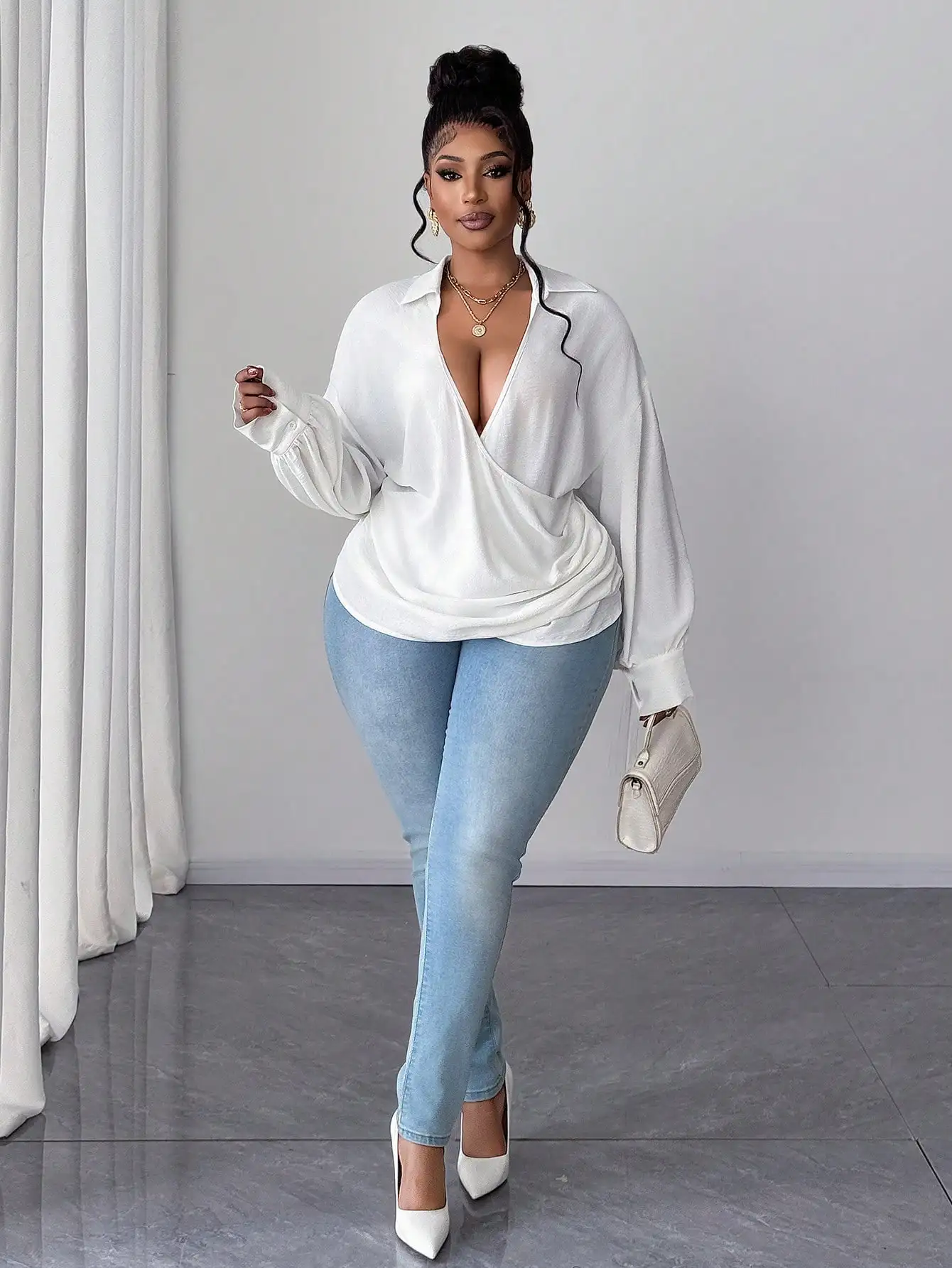 

Plus Size Long Sleeve V-Neck Wrap Blouse For Women