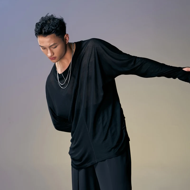 Men\'S Latin Dance Tops Male Long Sleeved V-Neck Mesh Training Shirt Adult Tango Samba Chacha Ballroom Dance Practice Wear 11243