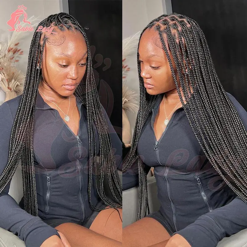 36 بوصة طويلة كامل الدانتيل شعر مستعار مضفر للنساء السود الاصطناعية Knotless صندوق الضفائر شعر مستعار الأفرو آلهة Locs اليدوية كورنو شعر مستعار #1