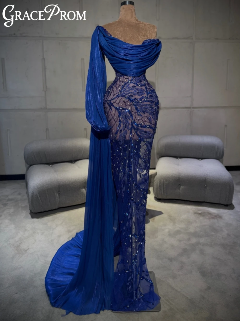 

Blue Embroidery Beaded Lace Long Evening Dress Illusion One Shoulder Wedding Party Gown New Customized Gorgeous Prom Dresses