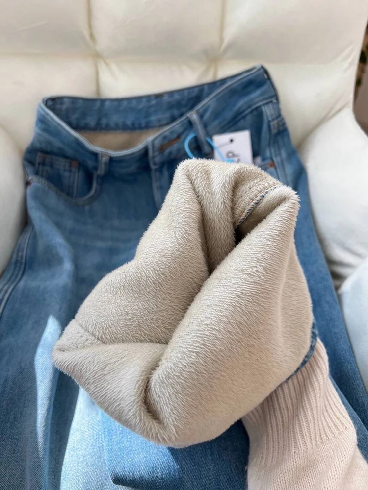 Jeans droits baggy doublés de velours en peluche pour femmes, pantalons en denim, vêtements de neige d'hiver, bleu clair, fjKorea SemiVaqueros, Streetwear