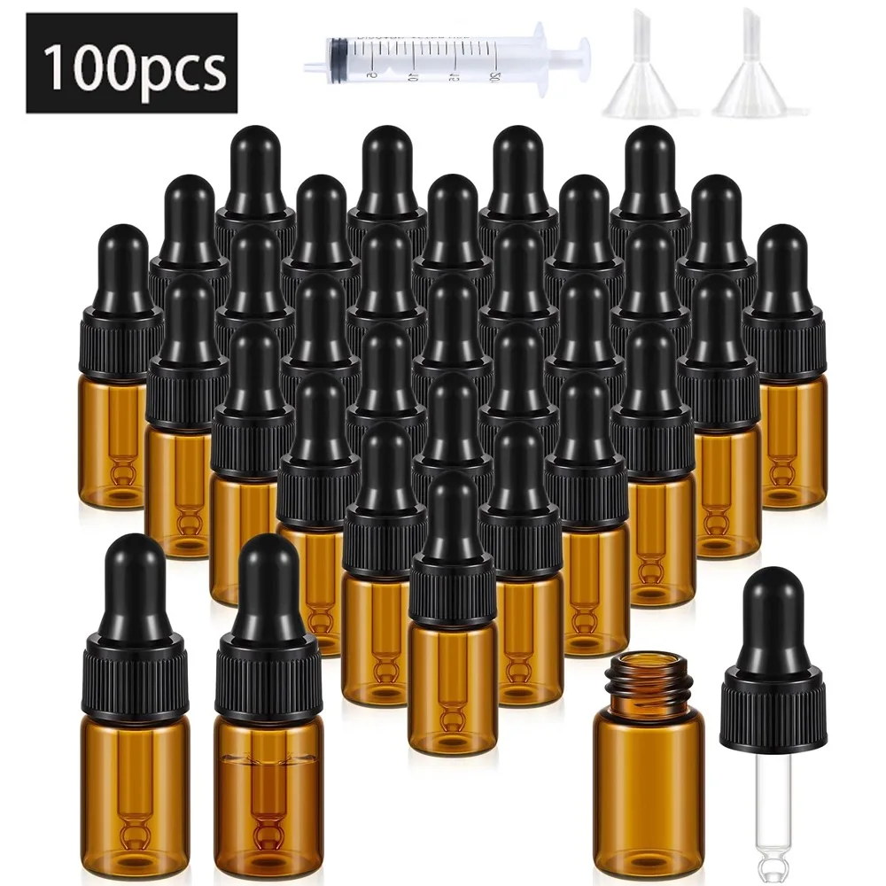 

100pcs 1/2/3/5ml Mini Amber Glass Dropper Bottles Small Sample Vials for Traveling Essential Oils Cosmetic Liquid Containers