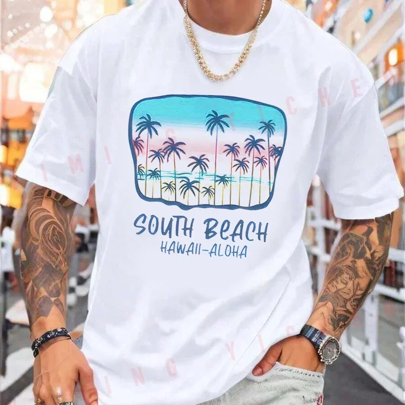 Hawaiian Beach- Coconut Tree & Sunset Print Motorcycle T-Shirt Men Unisex Casual Fashiona Short Sleeve O-neck Tops
