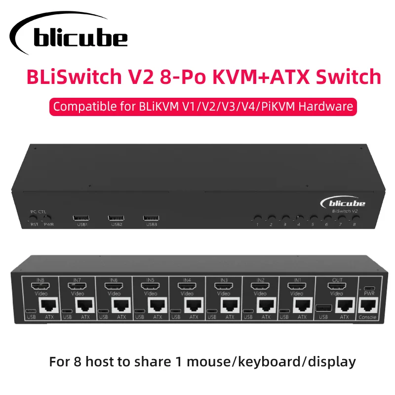 

BLIKVM BliSwitch V2 8-портовый KVM ATX-переключатель f8 Хосты Share A Мышь-клавиатура 1080P при 60 Гц Дисплей для PiKVM BLIKVM V1 V2 V3 V4