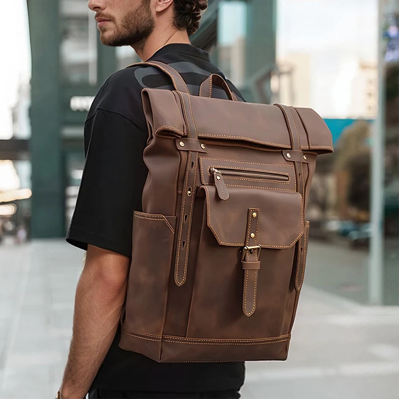 Roll Top Crazy Horse Leather Backpack 15.6 Inch Laptop Rucksack Multi-Pocket Vintage Daypack Heavy Duty Genuine Cowhide Backpack