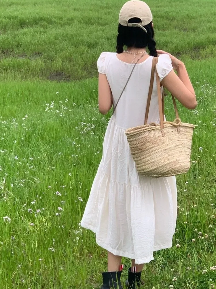 

Solid Color Splicing Drawstring Dress Summer Women's Korean Designer Loose Long Skirt