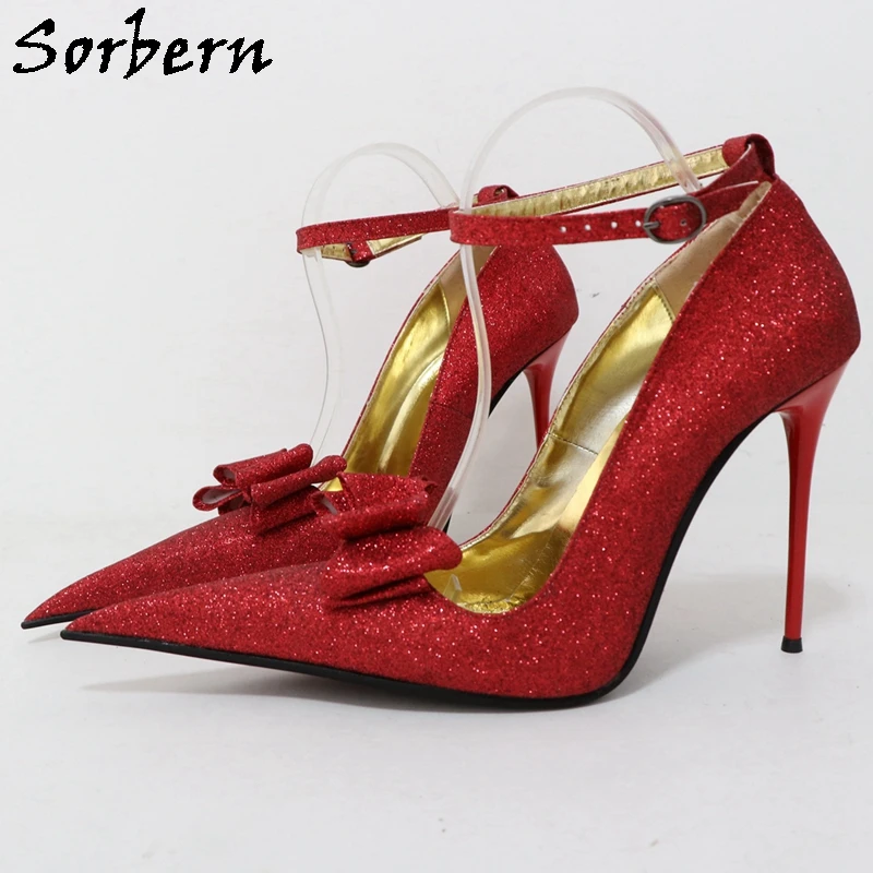 Sorbern Gold Glitter Women Pump Shoes 12Cm Metal High Heel Thin Ankle Straps Pointed Toe Stilettos Evening Party Footwear Custom