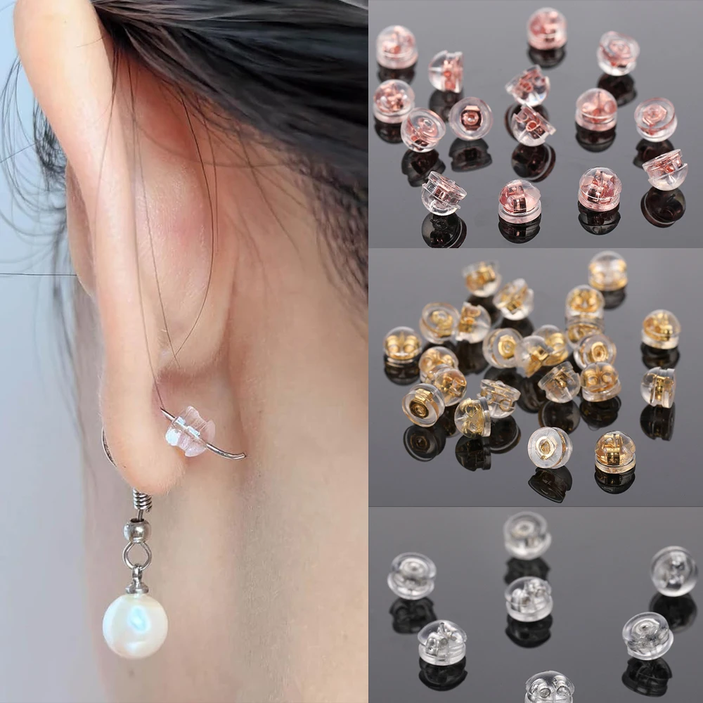 50pcs 18K Gold Silicone Earring Backs Locking Secure for Studs Droopy Fish Hook Heavy Hypoallergenic Stoppers Replacement Making