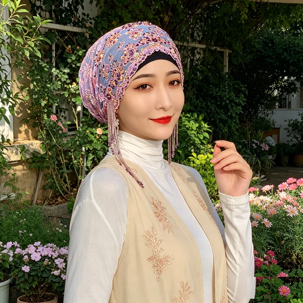 

Embroidery Rhinestone Beaded Tassel Turban Cap Muslim Women Hijab Bonnet Soft Headscarf For Wedding Ramadan Eid Party Head Wrap