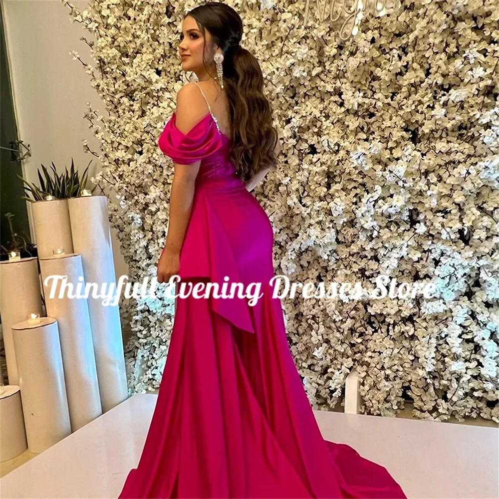 Cathy Hot Pink Mermaid Satin Fabric Prom Dress Off Shoulder Spaghetti Strao vestidos de fiesta Side High Split فساتين السهرة