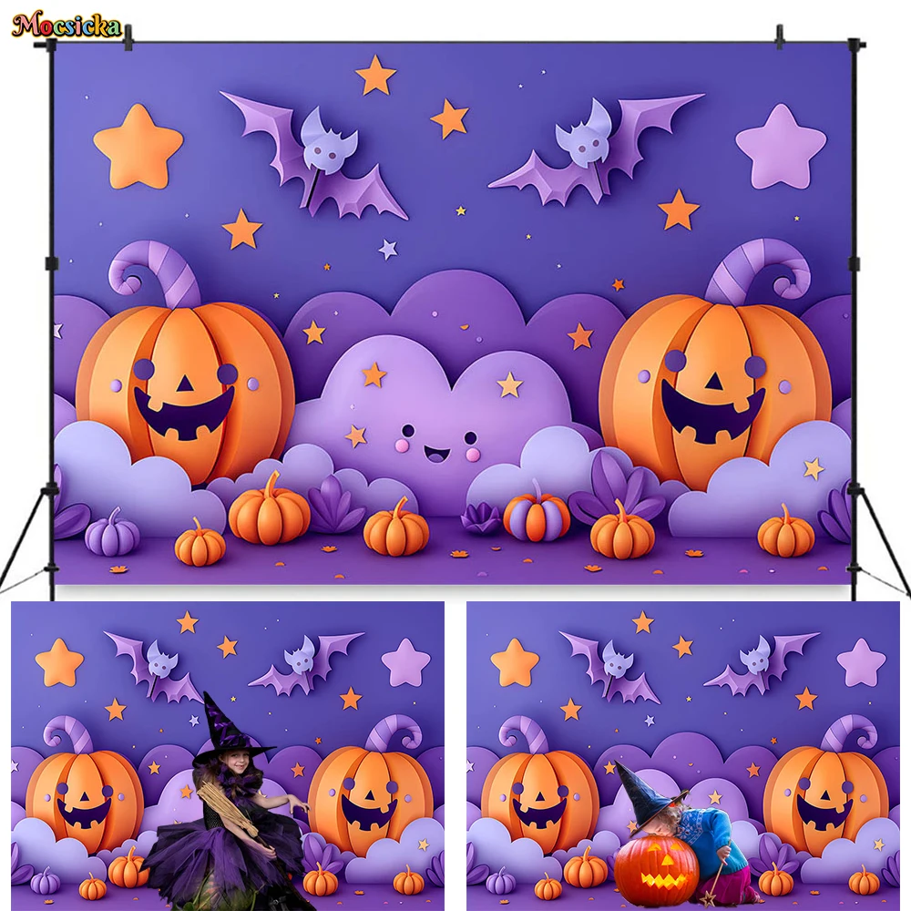 

Mocsicka Baby Show Background for Halloween Party Cartoon Pumpkin Cloud Bat Star Purple Backdrop Kid Cake Smash Photo Studio