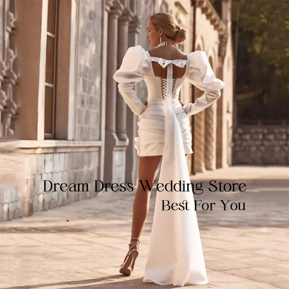 DREAM Pleat Short Wedding Dress Sheath Long Sleeves Sweetheart Split Open Back Lace-up Bridal Gown Vestido De Noiva Customized