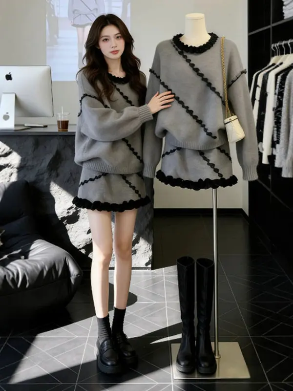 

Комплект из свитера и юбки в корейском стиле: милый, повседневный, зимний, из двух предметов, удобный, с высокой талией, юбка-карандаш, круглый вырез, длинный...