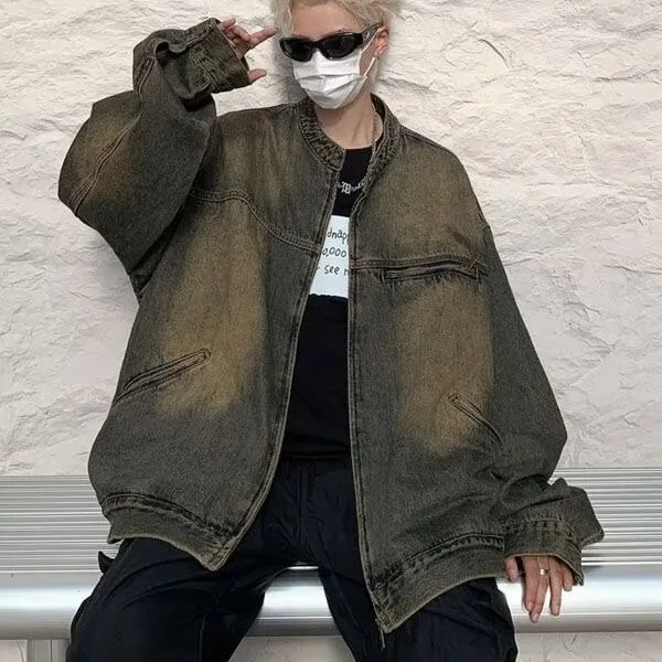 

Retro Large Size 250 Pou Stand Collar Denim Jaet for Men Japanese Sle Design Couple's Top Trendy Outerwear