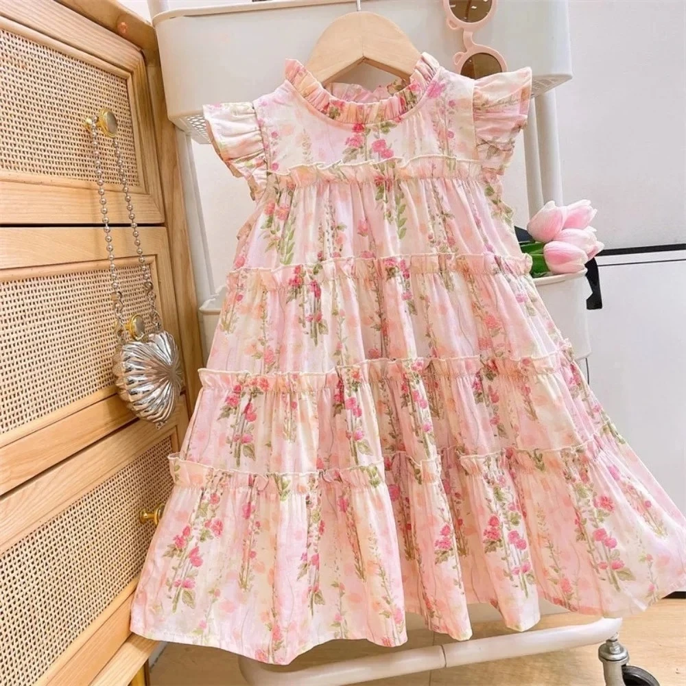 Summer Fashion Sweet Flower Print Girls Cute Ruffled Sleeveless O-Neck Layered A-Line Dress 1 Pc 2-7 Years Kids Casual Clothes