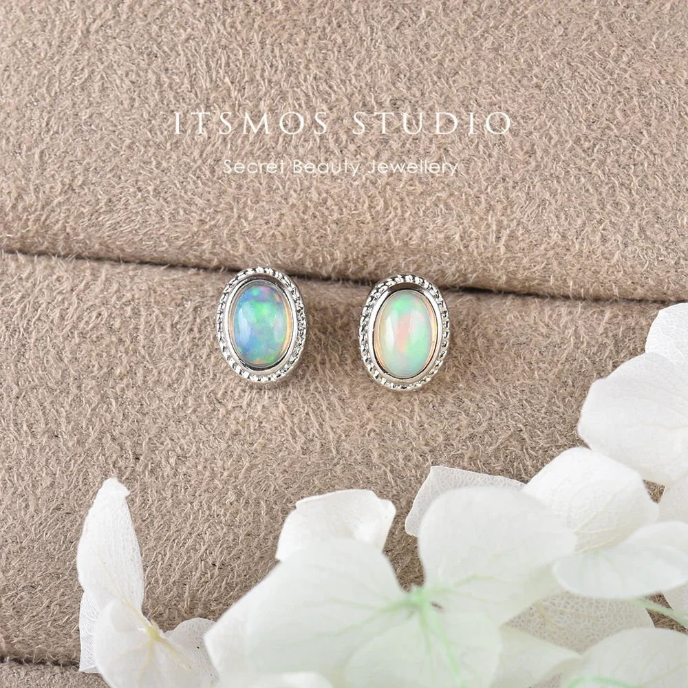 ITSMOS Natural Opal Earrings Silver Post Oval Cube Natural Gemstone Studs Twisted Lace Piercing Earrings for Women Gift