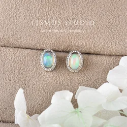 ITSMOS Natural Opal Earrings Silver Post Oval Cube Natural Gemstone Studs Twisted Lace Piercing Earrings for Women Gift