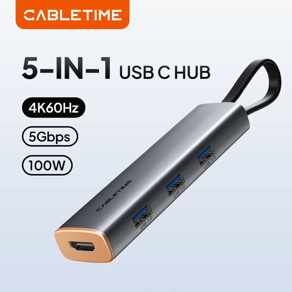 

CABLETIME Slim 5-in-1 USB C Hub HDMI 4K 60Hz PD 100W USB 3.0 5Gbps for MacBook pro - Laptop Type C Hub