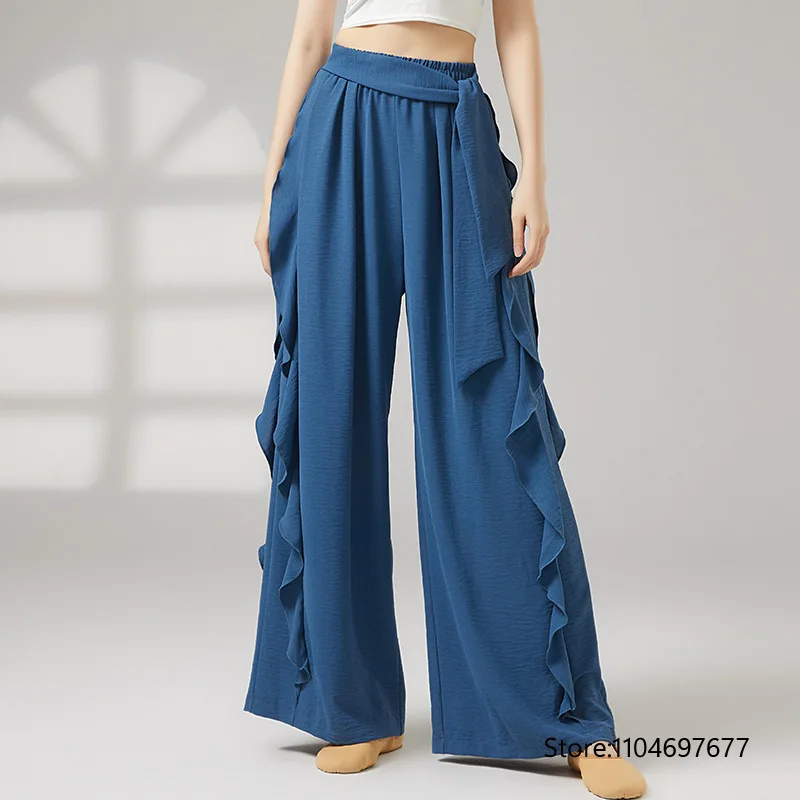 

Классические танцевальные брюки для женщин с рюшами и вставками, свободные широкие брюки с эластичным поясом, мягкие, для йоги, повседневной носки, сценических выступлений и тренировок