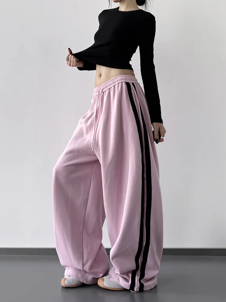 

Модные широкие спортивные штаны для женщин, свободные спортивные штаны с высокой талией на шнурке, корейские повседневные уличные брюки