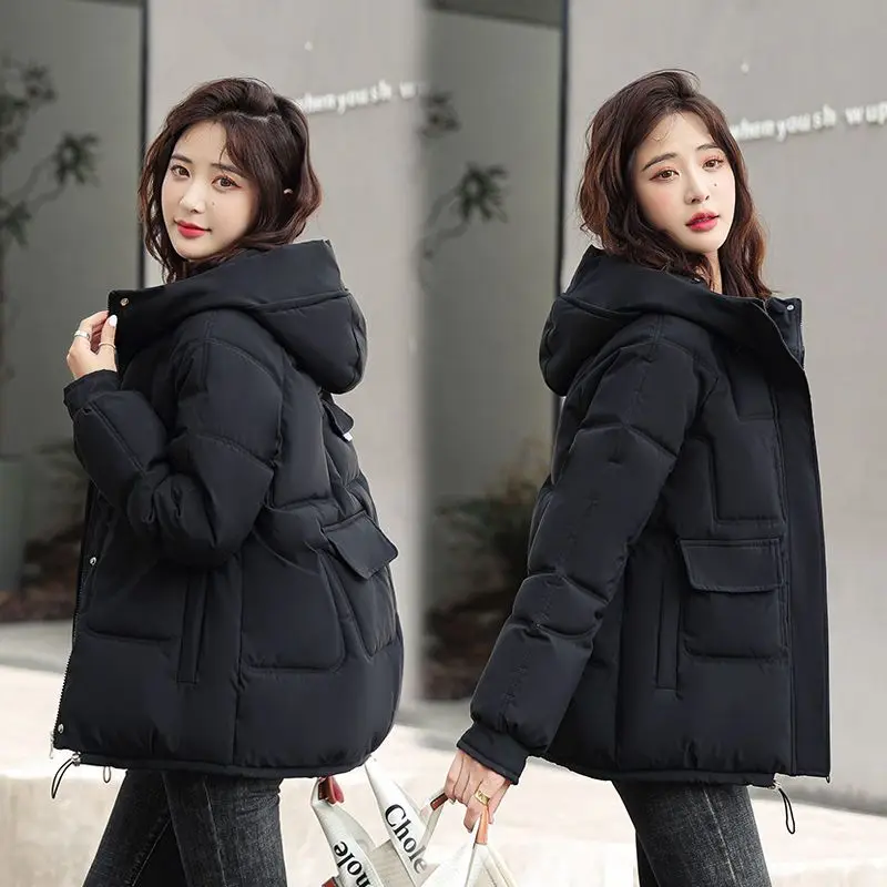 Ladies Fashion Winter Coat Women Down Cotton Hooded Jacket Woman Casual Warm Outerwear Jackets Female Girls Black Clothes Vy2002