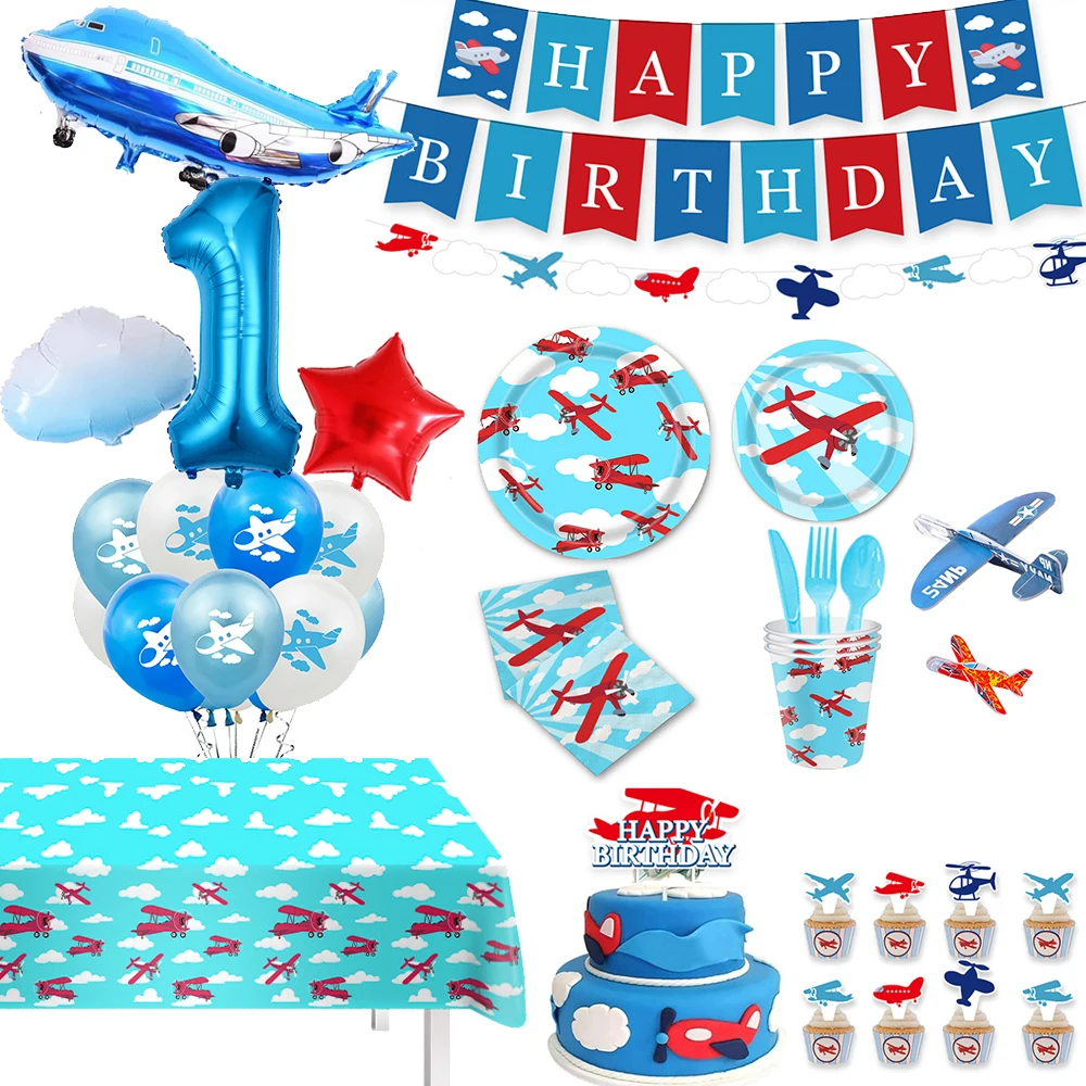 Airplane Party Disposable Tableware Plates Cups Foil Plane Balloon Set Boys Girls Kids Aviator Flight Party Toys Decors Supplies