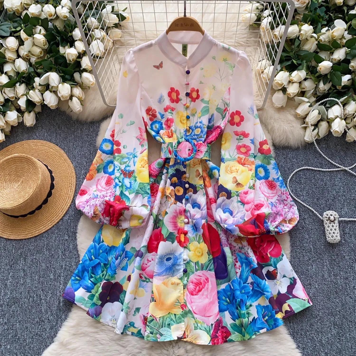 

Gorgeous Flower Blooming Mini Dress Women's Stand Collar Puff Sleeve Buttons Floral Print Lace Up Belt Holiday Beach Vestidos