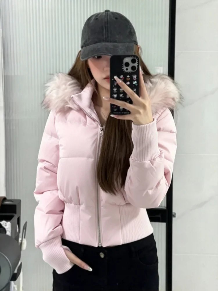 Women Cropped Fur Collar Hooded Parka Autumn Winter Thick Cotton Padded Slim Waist Zip Bubble Puffer Coat Streetwear Outerwear