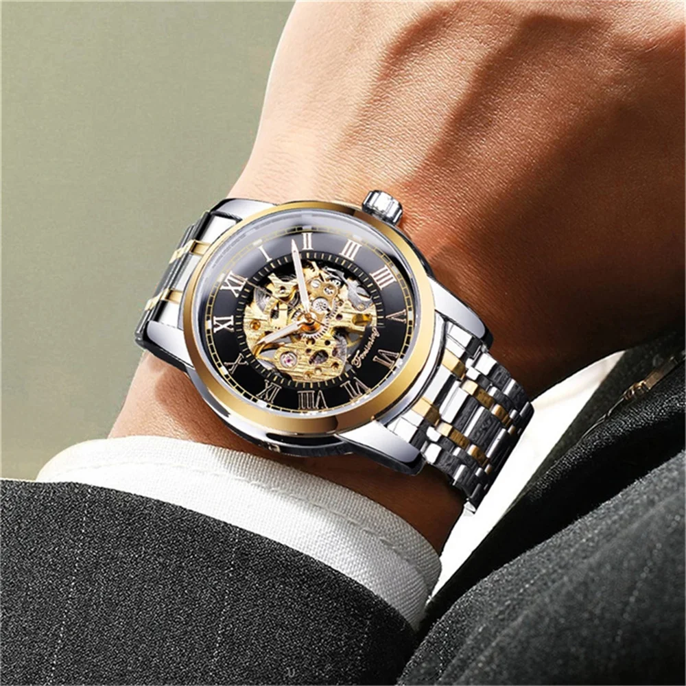 FORSINING 349 Men Mechanical Watch Business Round Skeleton Silvery Black Stainless Steel Manual Wrist Watches for Male