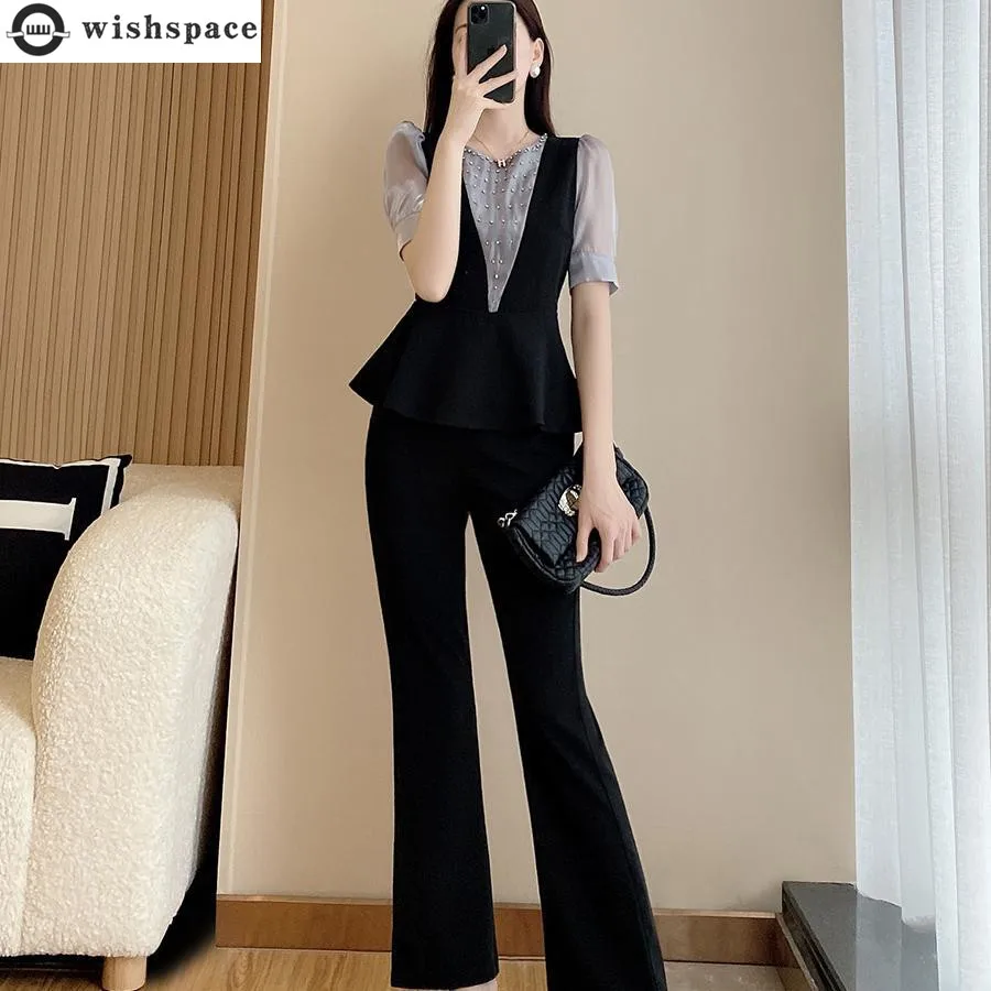 Summer New French Elegant Women's Pants Set Fashion with Hollow Chiffon Lining Slim Trousers Two Piece Set Female Tracksuit