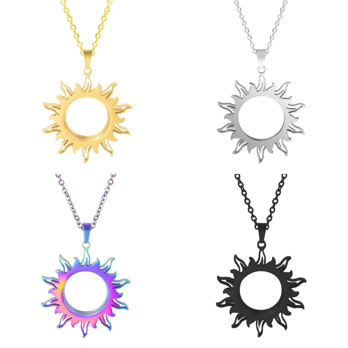 1pc Fashion Sun Pendant Necklace Photo Relicario Locket Charm New Stainless Steel Sun Necklace For Women Men Retro Jewelry Chain