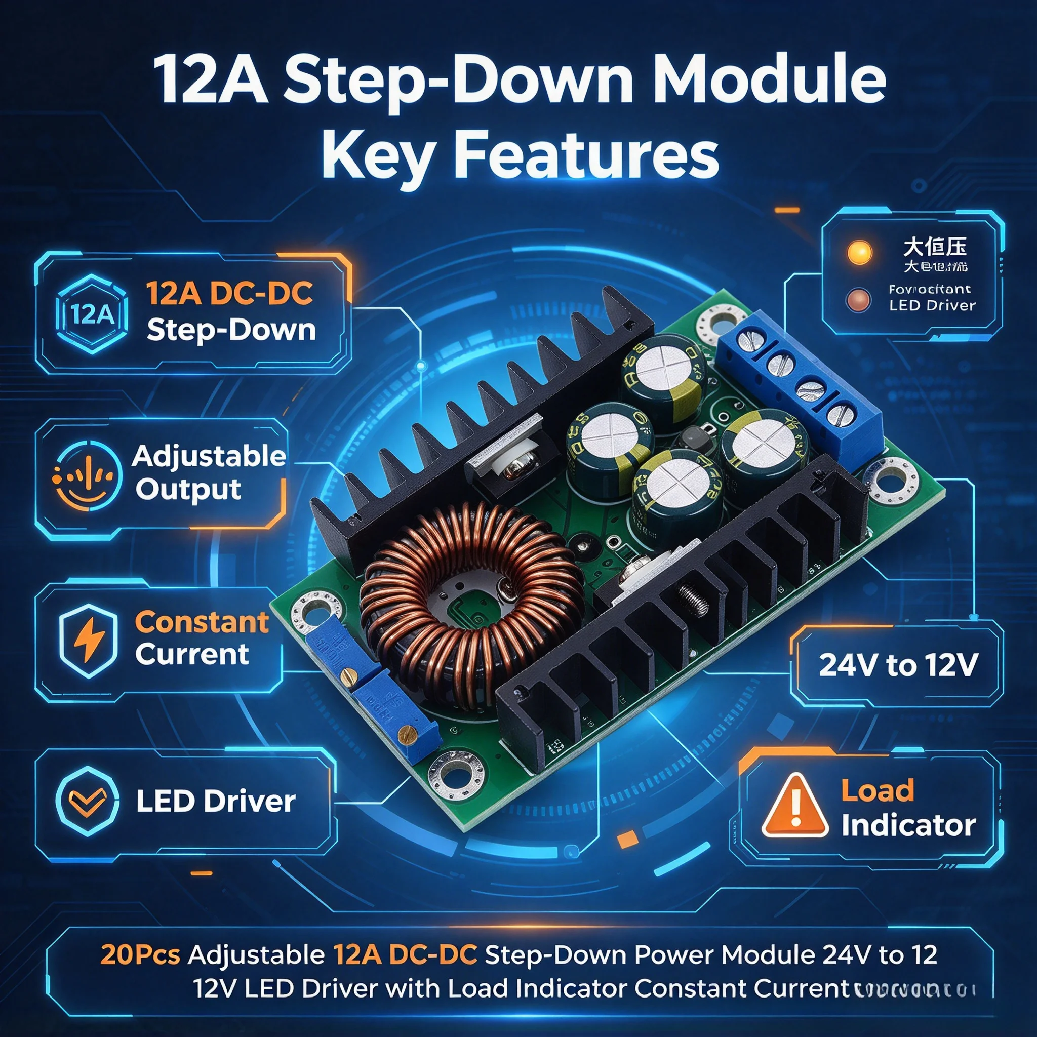 20Pcs Adjustable 12A DC-DC Step-Down Power Module 24V to 12V LED Driver with Load Indicator Constant Current
