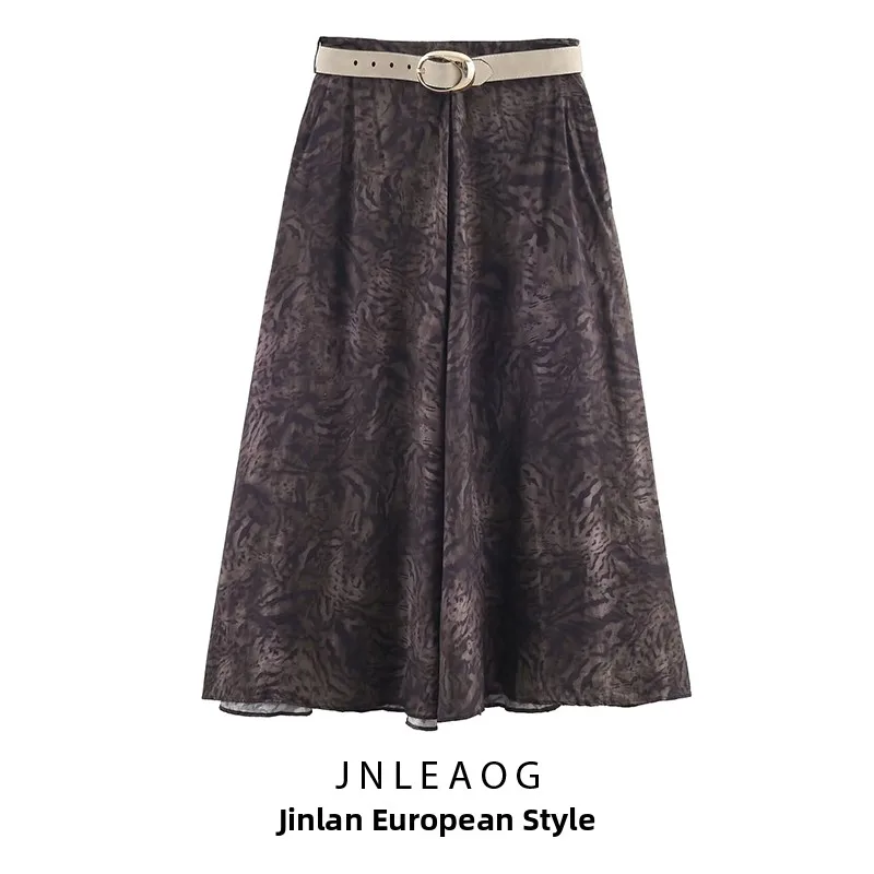 

Faionable Midi Skirt with Belt Print Design Ladies' Autumn New Sle Women's Clothing JNLEAOG Stand Fit Casual Polyester