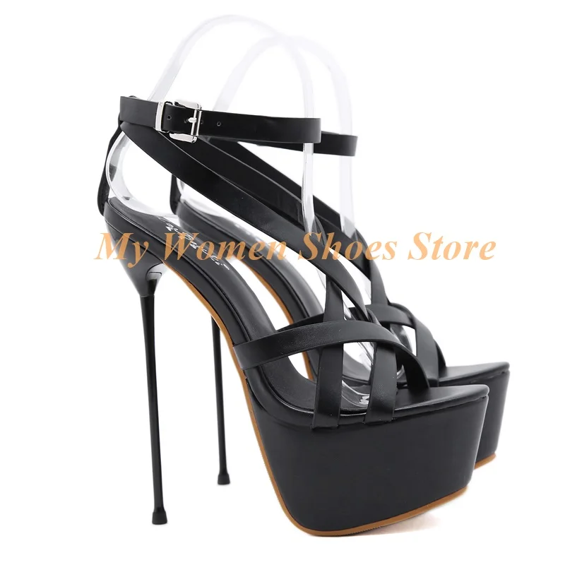 أسود سوبر عالية الكعب 18 سنتيمتر صنادل أرضية المفتوحة تو الكاحل مشبك حزام المدرج 2026 الصيف النساء ماتي فستان جلد الأحذية