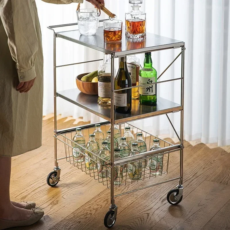 For Stainless Steel Dining Car Moveable Three-layer Trolley Kitchen Multi-functional Storage Rack Household Snacks   Basket