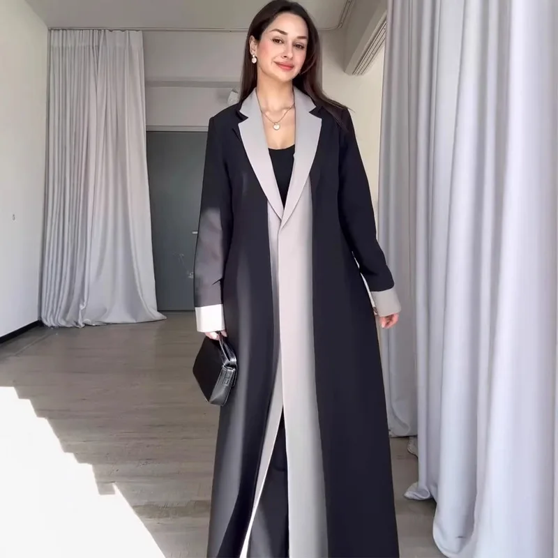 DFDG Colletto ribaltabile Falso in due pezzi Splicing 2025 Primavera Nuove donne Stile lungo Pavimento Trascinando Design Giacca di alta qualità