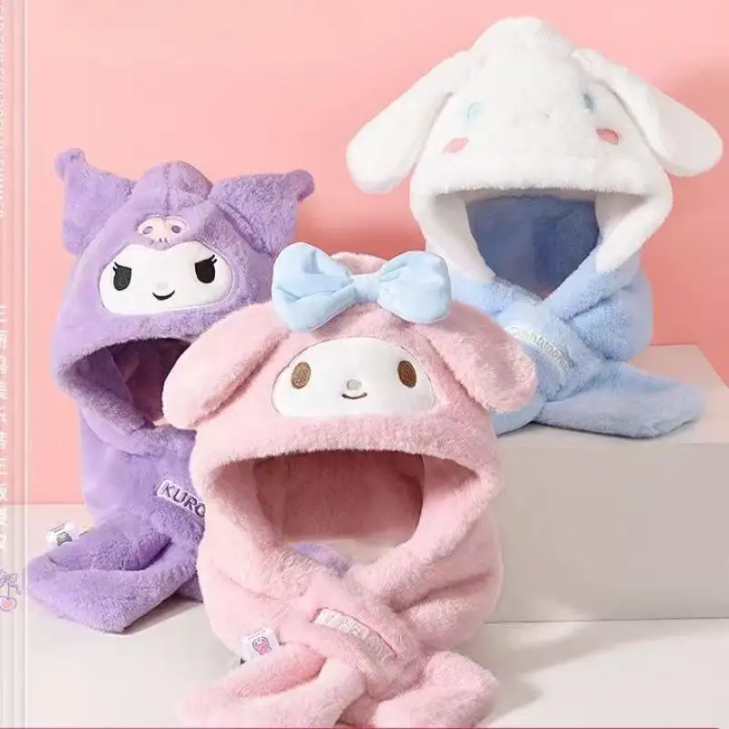

Японская плюшевая шапка Sanrio с героями мультфильмов Kuromi, кавайная мелодия, шарф, интегрированный теплый аксессуар, детский праздничный подарок Cinnamoroll