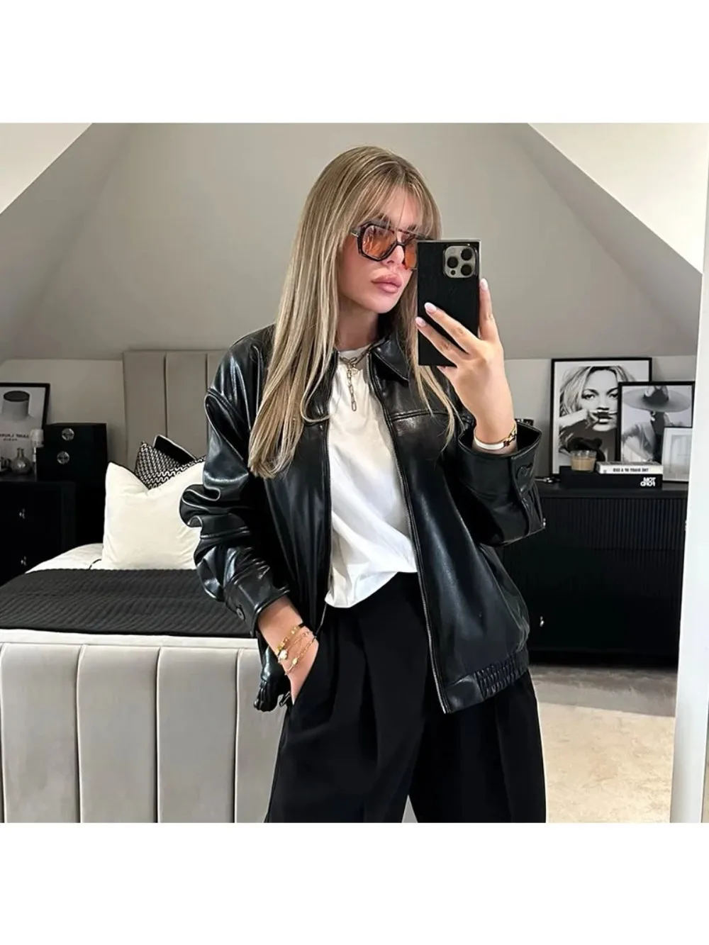 Chaqueta de cuero Vintage con cremallera y cuello negro para mujer, abrigo acolchado de manga larga con bolsillo, ropa de calle de oficina para ir al trabajo