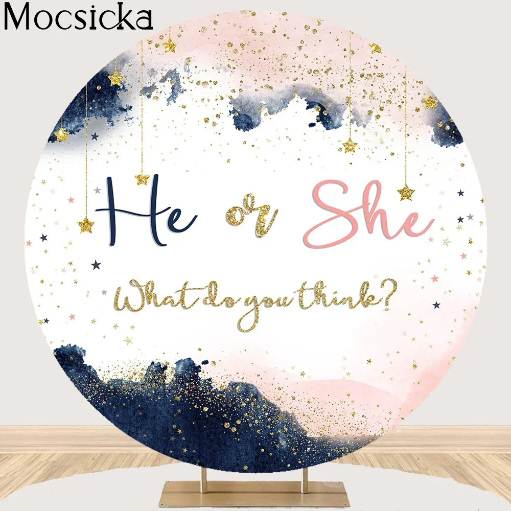 

Mocsicka Round Photographic Background Gender Reveal Birthday Star Sky Gold Dot Backdrop Newborn Boy Girl Studio Photobooth Prop