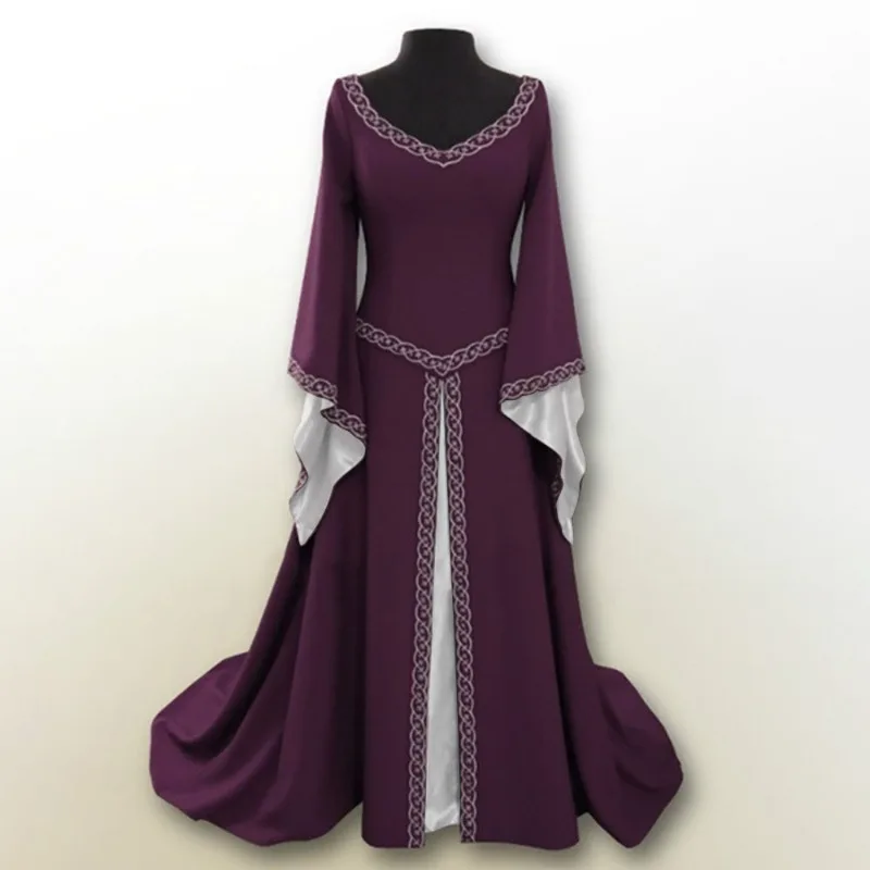 Vintage Halloween Party Long Sleeved Embroidered Round Neck Slim Fit Women's Dress